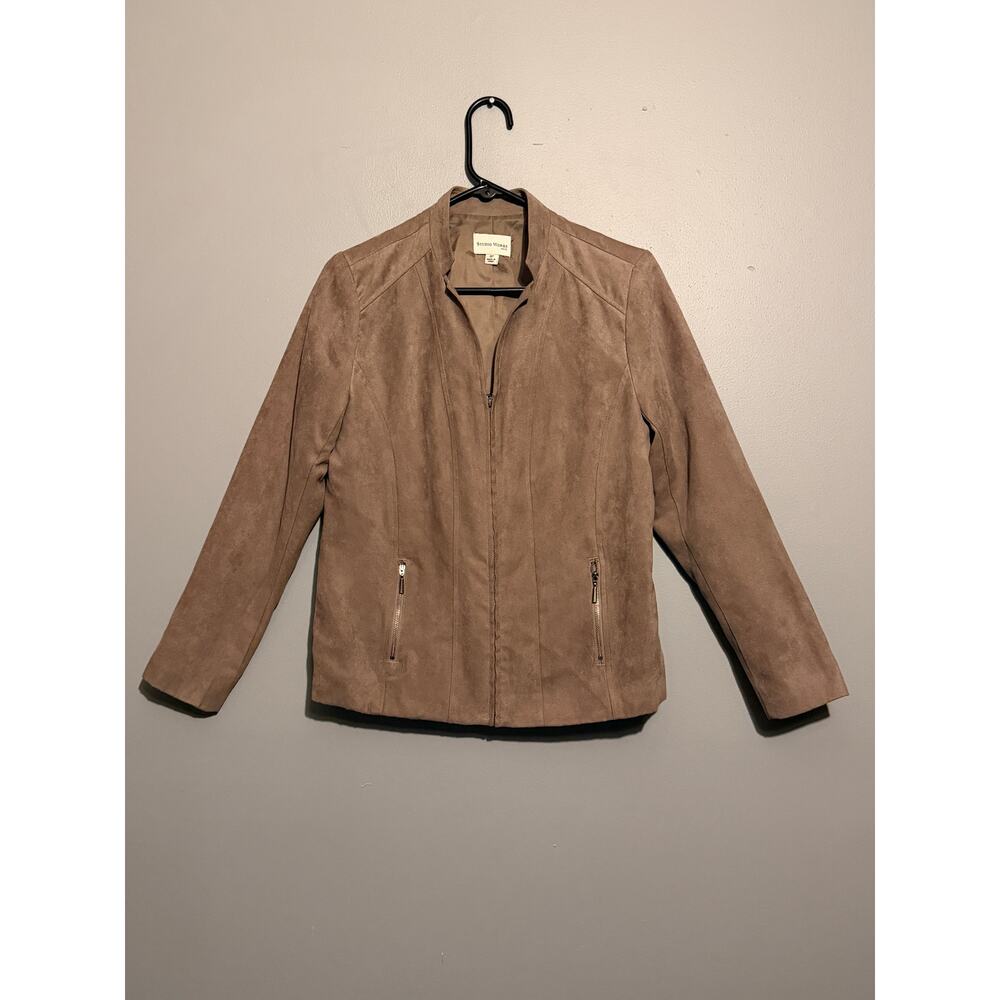 Studio Works Petite 8P Faux Suede Jacket Taupe Brown Zip Front Moto Y2K